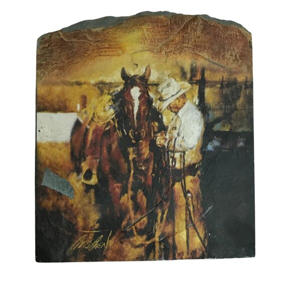 Chris Owen Western Cowboy & Horse Art Print On Slate Tile 10 x 9.5 - Picture 1 of 7